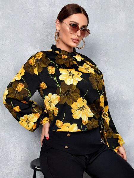 

plus floral print ruffle neck bishop sleeve blouse d45r#, Black