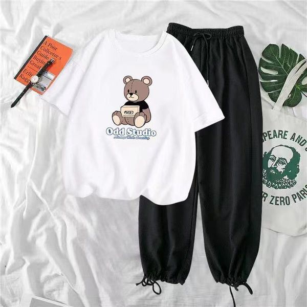 

women's suits & blazers single / suit 2021 summer fashion leisure wide leg pants korean loose print short sleeve t-shirt two-piece set, White;black