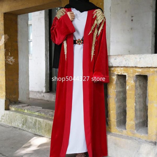

ethnic clothing autumn winter women muslim beading kimono abaya cardigans velvet golden braid trim dubai turkey arab islam clothes modest go, Red