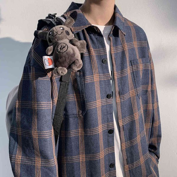 

men's jackets korean style hip hop plus size japanese plaid shirt streetwear male lapel kpop couple harajuku large coat 27r3, Black;brown