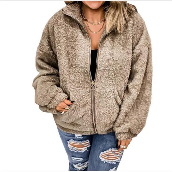

women's jackets 2021 fashion wool cloth outerwear women lapel pure color insert pocket long sleeve casual loose catch fleece zipper jac, Black;brown