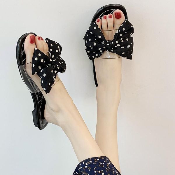 

slippers fashion women's summer polka dot bow cute sweet flat shoes open toe simple lightweight walking u24-53, Black