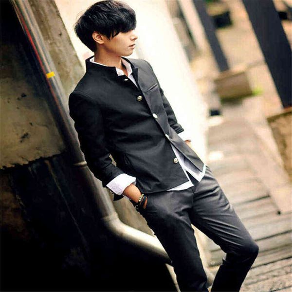 

men black slim tunic jacket single breasted blazer japanese school uniform college coat 211111, White;black