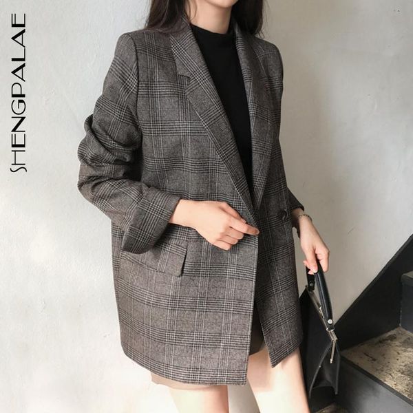 

autumn 2021 vintage style single button turn-down collar full sleeve plaid pockets women loose coat fs349 women's suits & blazers, White;black