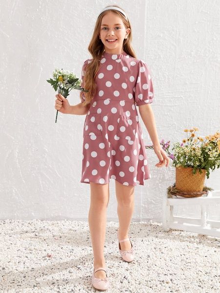 

girls polka dot mock neck puff sleeve dress she, Red;yellow
