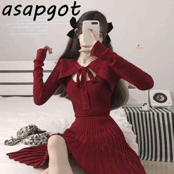 

red 2piece sets korean chic slim spaghetti strap knitted pleated dress women lace up shawl jacket black wild spring 210429, White