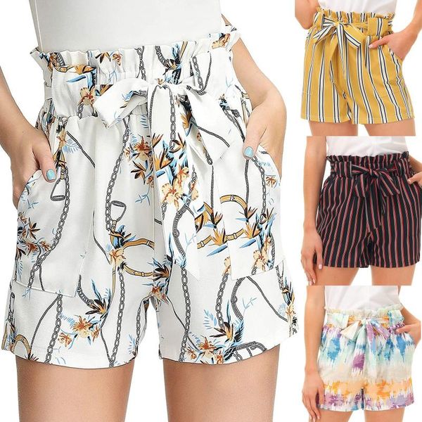 

women's shorts women casual comfy drawstring fashion print high waist bandage female with pockets summer loose wide leg spodenki, White;black