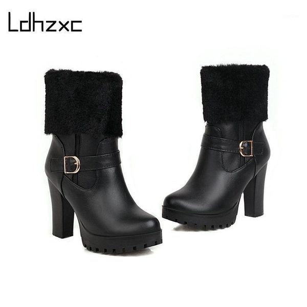 

boots ldhzxc women ankle high heels female motorcycle lacing round toe rubber sole platform heel ladies party1, Black