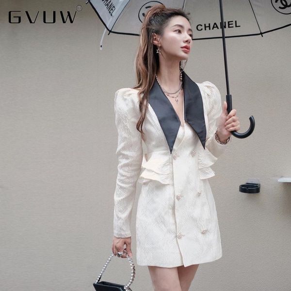

casual dresses gvuw french foreign dress 2021 summer style bubble sleeve temperament closed waist lapel shirt women kb91077, Black;gray