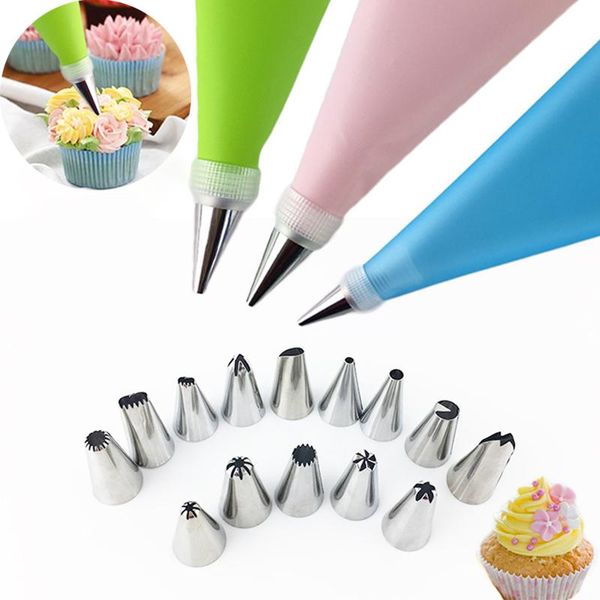 

baking & pastry tools 8pcs/16pcs/lot diy kitchen cake decorating tool silicone icing piping cream bag stainless steel nozzle converter