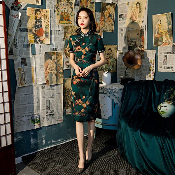 

spring summer short sleeve cheongsam female silk chinese style printed qipao elegant traditional clothing oversize 4xl, Red
