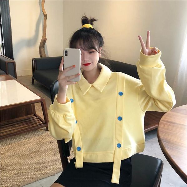 

women's hoodies & sweatshirts turn-down collar sweet full pullovers button korean style clothing spring and autumn trend, Black