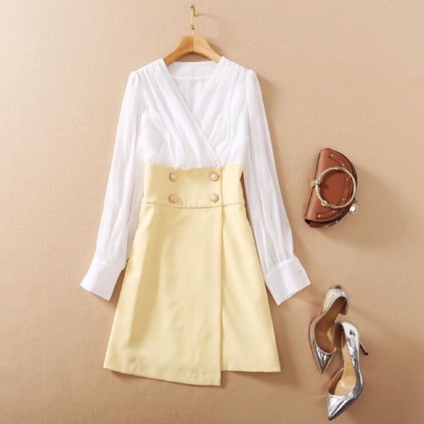 

casual dresses est nice women's v-neck long sleeve white draped patchwork yellow double-breasted elegant dress, Black;gray