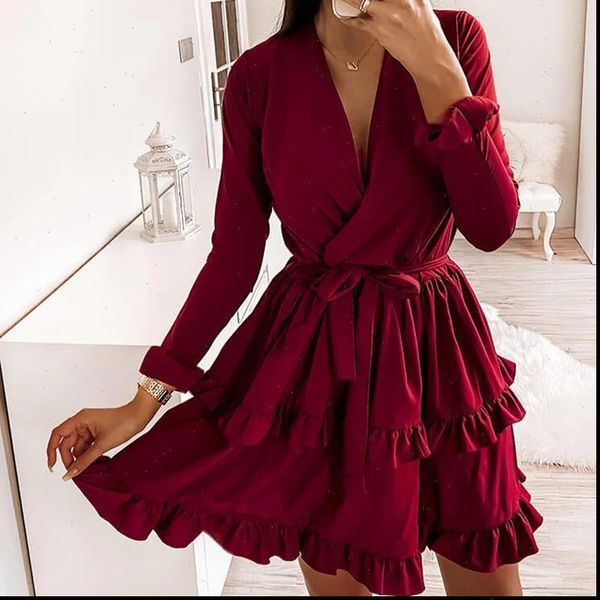 

arrived flared sleeves women dress ruffles v neck spring autumn long sleeve a line solid sashes, Black;gray