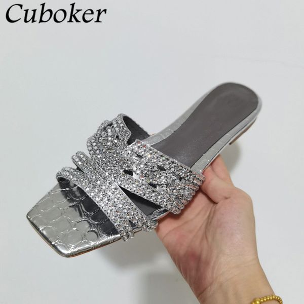 

official website 70% off outlet crystal women flat slippers square toe rhinestone decor summer slides ladies flip flops brand runway bling w, Black