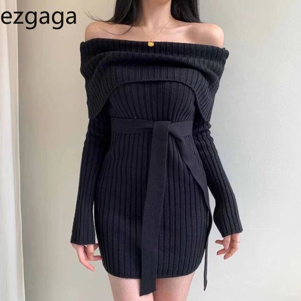 EzGaga Sexy Slash Pescoço Camisola Vestido Mulheres Coreano Off Bandagem Slim Cintura Slim Manga Longa Malha Dress Senhoras Bodycon Elegante 210430