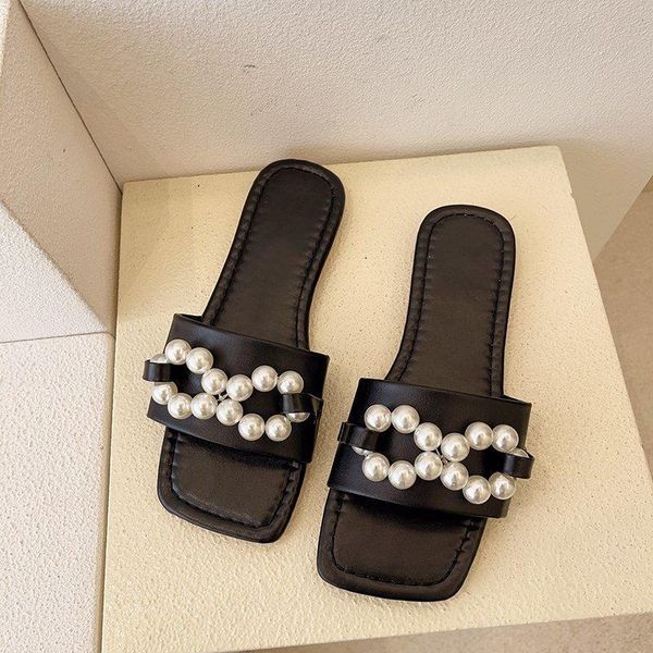 

slippers fashion pearl women's sandals women summer shoes open toe casual beach female flat, Black