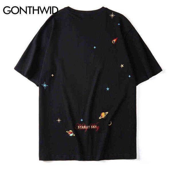 Gonthwid Nakış Gezegenler Yıldız Tees Gömlek Streetwear Harajuku Rahat Kısa Kollu Tişörtleri Erkek Hip Hop Moda Yaz G1229 Tops