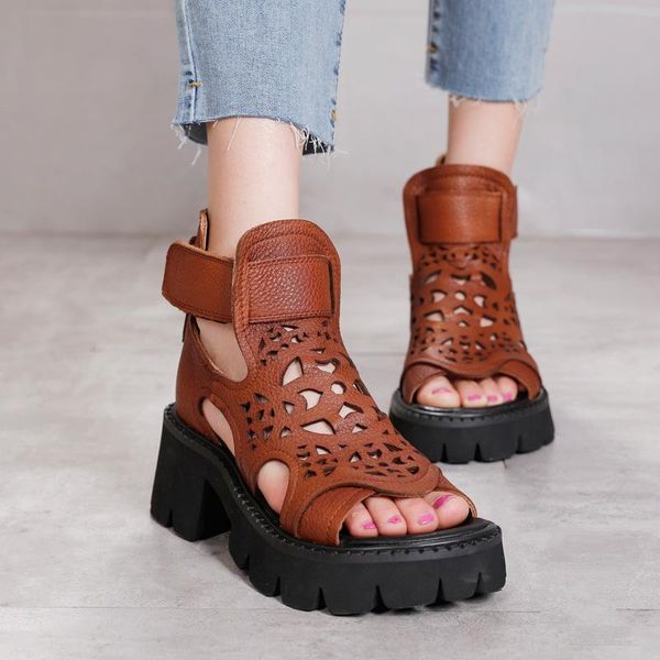 

birkuir original platform sandals women's spring summer retro handmade genuine leather hollow out fish mouth high top, Black