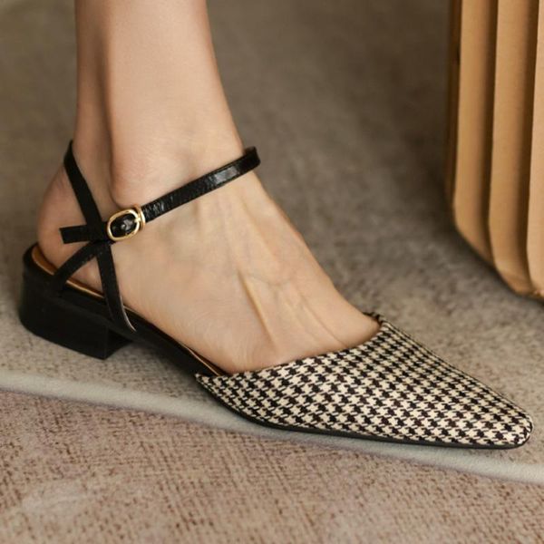 

sandals 2021 summer women's plaid fabric ankle strap low heel comfortable round toe female casual daily single shoes size 40, Black