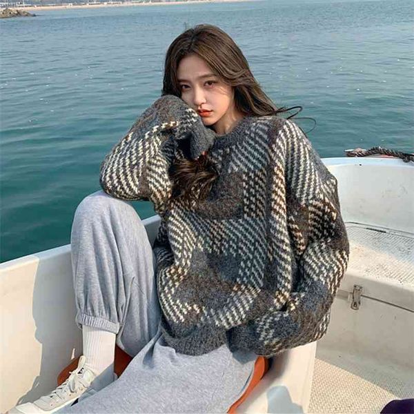 

autumn winter thick pullover sweater women retro plaid temperament loose clothes uk608 210507, White;black