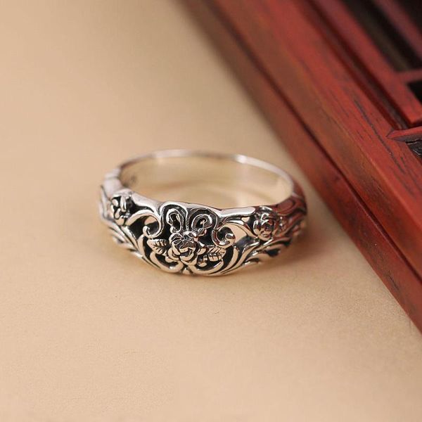 

original design thai silver rose flower creative carving craft open ring chinese retro charm women's brand jewelry cluster rings, Golden;silver