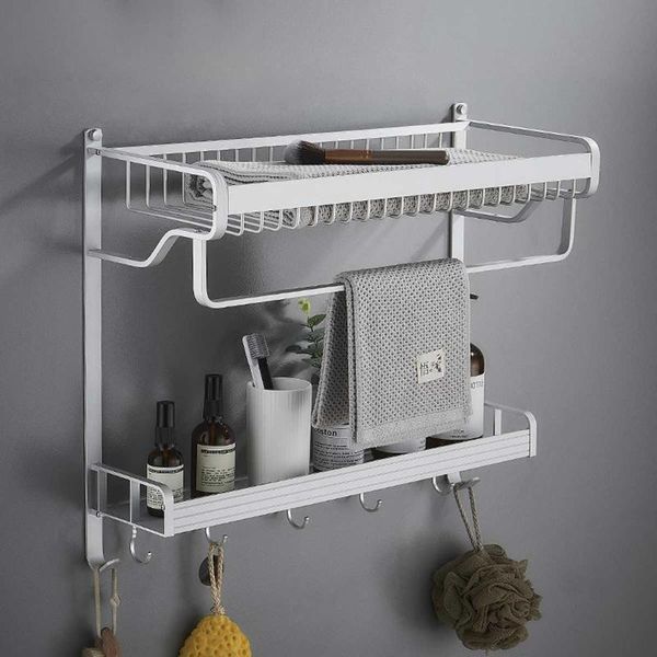 

double tier wall mounted bathroom aluminum towel rack bar bath storage shelf holder with hook multifunction organizer racks