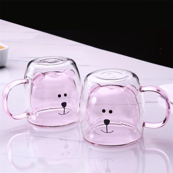 

wine glasses creative cute bear double layer glass coffee mug with handle heat resistant cartoon breakfast milk cup couple water teacup