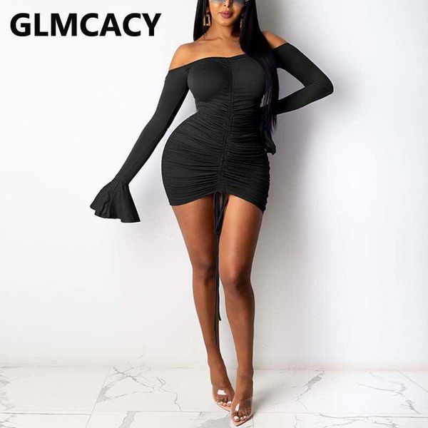 

women flare sleeve off shoulder bodyycon dress casual solid party club mini dresses 210702, Black;gray