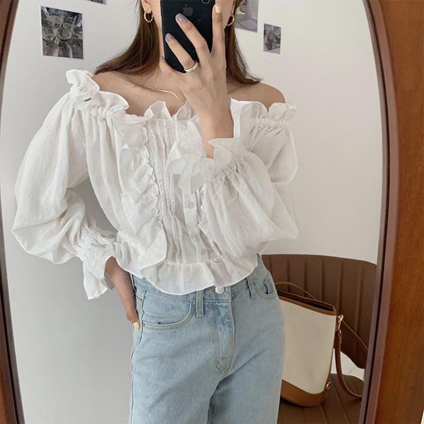 

alien kitty french pleated ruffled women one line collar flared sleeve shirts 2021 gentle sweet versatile chic fashion blouses women's, White
