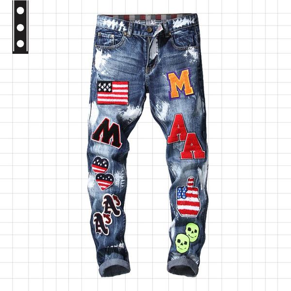 

cotton men's straight jeans patchwork ripped embroidered stretch trendy holes straights male denim trouers drop, Blue