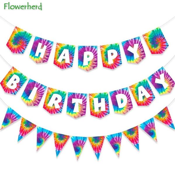 

party decoration 2 pieces tie-dye happy birthday banner and pennant theme retro