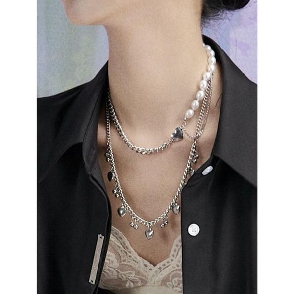 

chokers 2pcs set vintage heart tassel women necklaces white pearl chain fashion street, Golden;silver