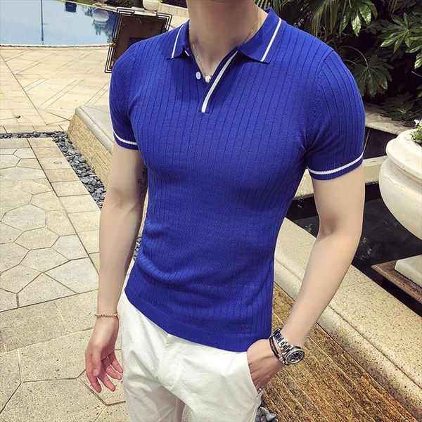 

4 solid color knitted shirt men polos stripe collar camiseta verano hombre blue yellow black white british, White;black