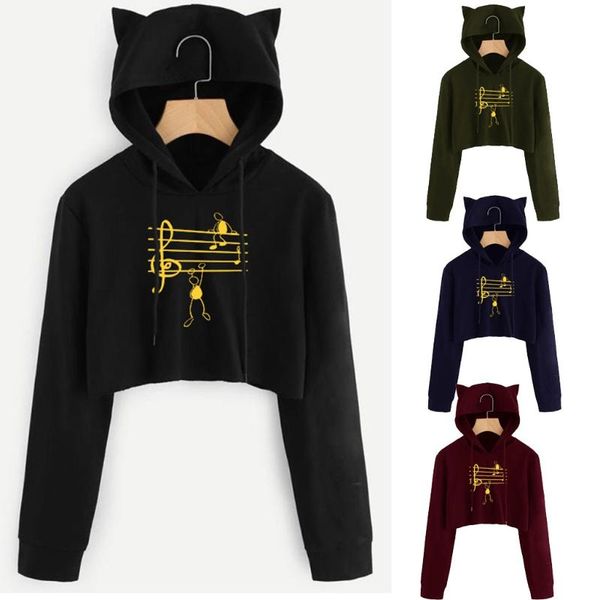 

women's cat ears long sleeve hoodie sweatshirt musical note print hooded pullover shirt solid color short cute hoodies & sweatshirts, Black