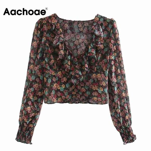 

aachoae women deep v neck ruffles cropped blouse floral print vintage chiffon blouses long sleeve chic ladies shirt blusas 210413, White