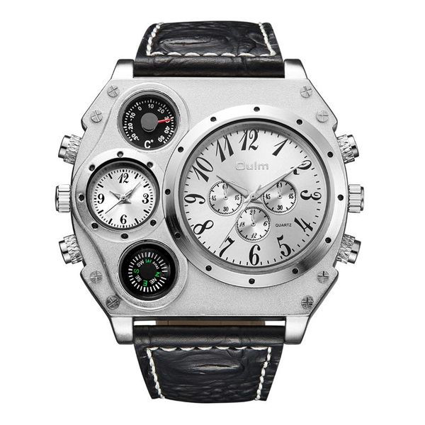 

wristwatches creative multi dials big watch men chronograph quartz military sport wristwatch male leather strap clock with compass, Slivery;brown