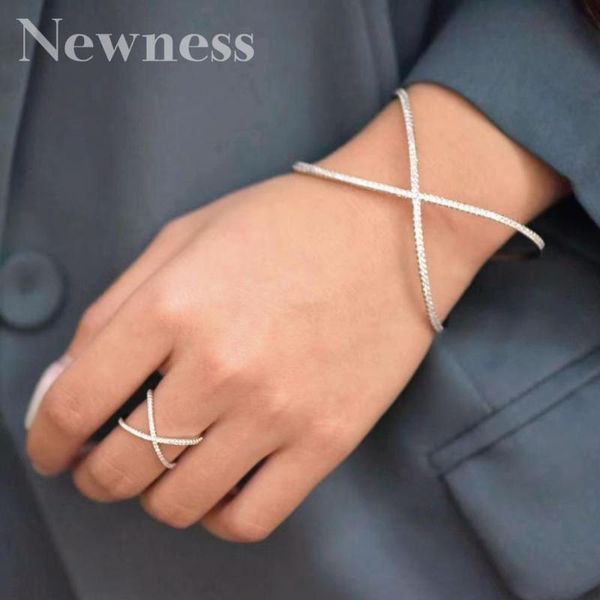 

earrings & necklace ness luxury exaggeration line cubic zirconia copper geometry party wedding saudi arabic dubai bangle ring set, Silver