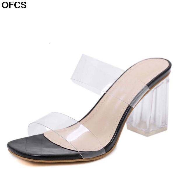 

sandals women transparent slippers pvc jelly open toe high heels shoes square heel clear size 35-40 05s4, Black