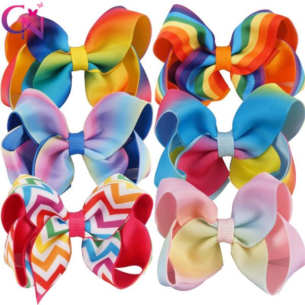 

hair accessories 6pcs/lot 4.5" rainbow bows with clips for kids girls handmade printed ribbon layers hairgrips, Slivery;white