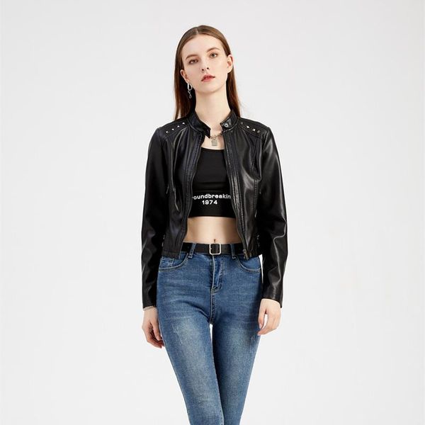 

women's leather & faux jacket black moto biker zipper coat winter top