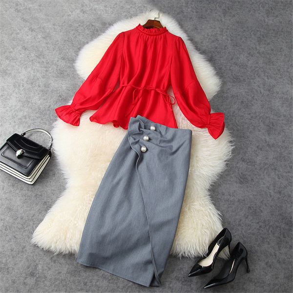 

two piece dress fashion all-female track ensemble autumn elegant clothes long sleeve red blouse and pencil skirt twinset office suits wo07, White