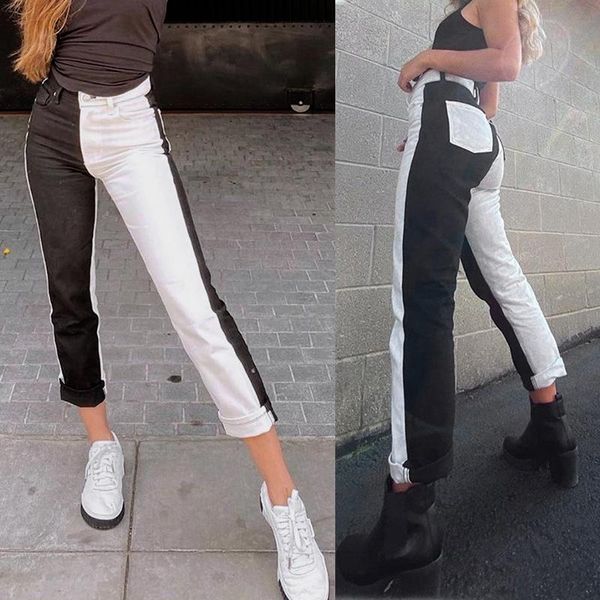 

black white patchwork streetwear jeans pants women fashion outfits slim high waist denim women's, Blue