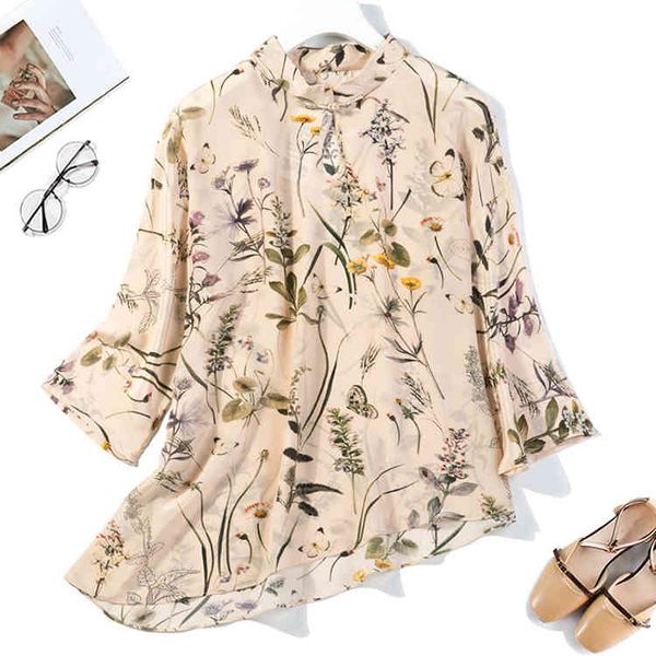 

coat women's 100% pure silk shirt blouse chinese button neck half sleeve floral size  l jn075, Tan;black