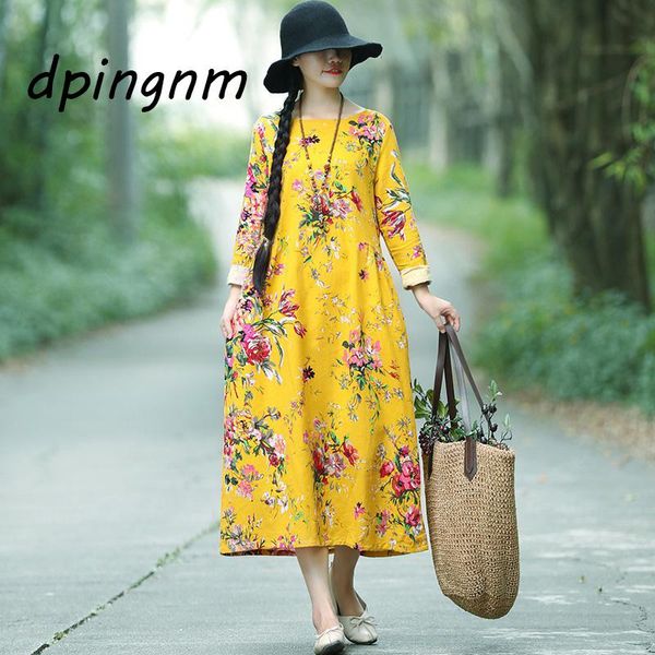 

casual dresses chinese national loose robe 2021 autumn women plate buckles cotton and linen astract print vintage dress, Black;gray