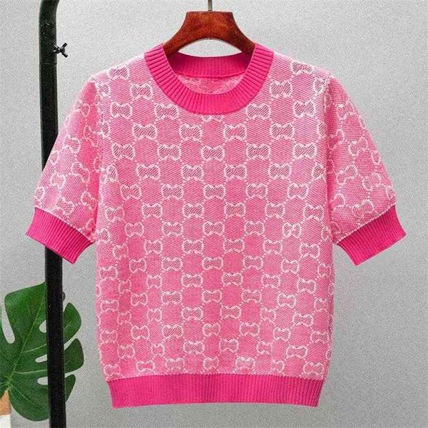 

312 2021 summer sweater short sleeve crew neck pullover red blue print brand same style blue prom fashion luxury womens clothes pinguo, White;black