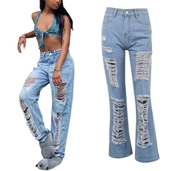 

women's jeans womens straight hole bleached pocket high waist casual denim pants mujer woman for women, Blue