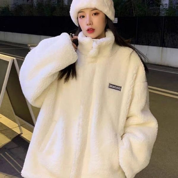 

lamb wool coat women's autumn and winter versatile cotton clothes 2021 new ins plush thickened single-sided, Black