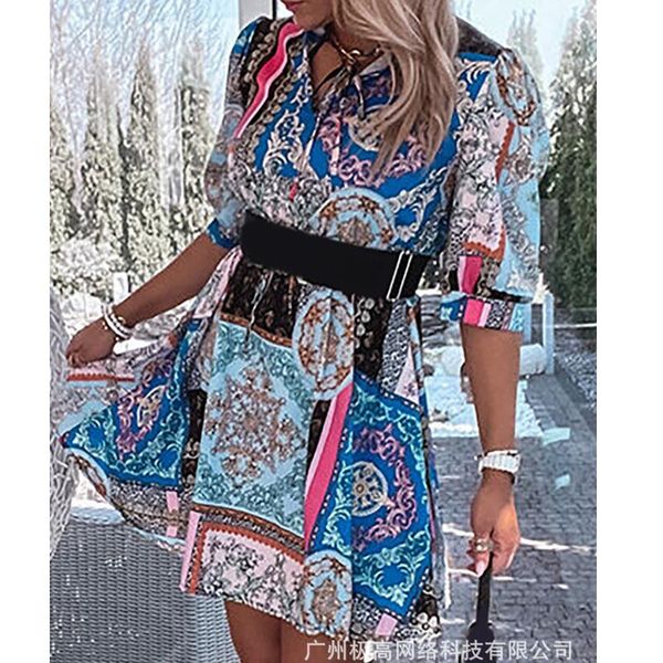 

casual dresses wepbel a-line shirt dress fashion high waist women short sleeve paisley printed dress-without belt summer, Black;gray