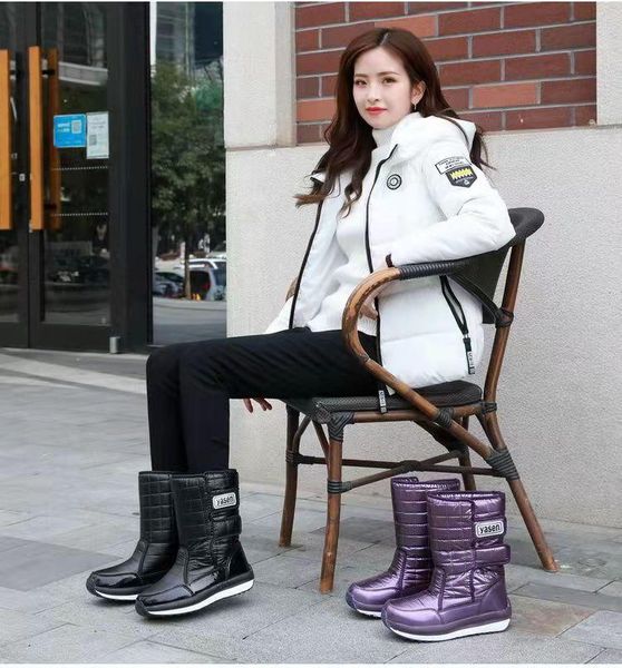 

boots women north cold weather snow winter mirror down cloth plush lining thick and warm ladies outdoor waterproof shoes, Black